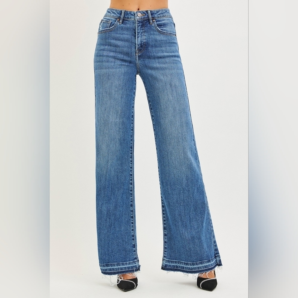 RISEN HR Tummy Control Medium Wash Wide Leg Jeans Released Hem Various NEW - Picture 11 of 12